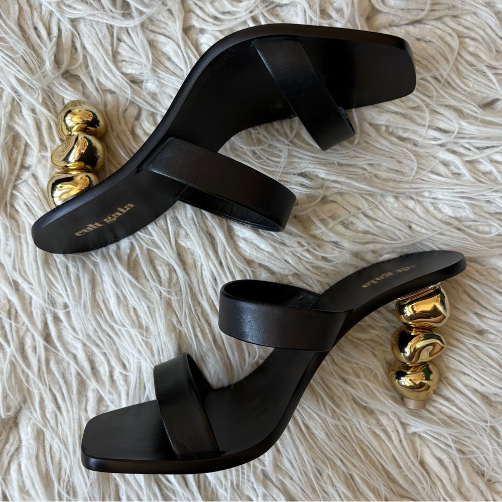 CULT GAIA Meta Black Leather Gold Metallic Architectural Heel Slide Sandal Sz 39 - Picture 5 of 12